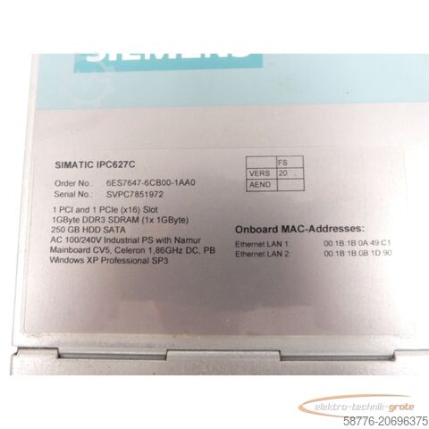 Componenta Siemens Simatic IPC627C / 6ES7647-6CB00-1AA0 Industrielles Box-PC SN SVPC7851972