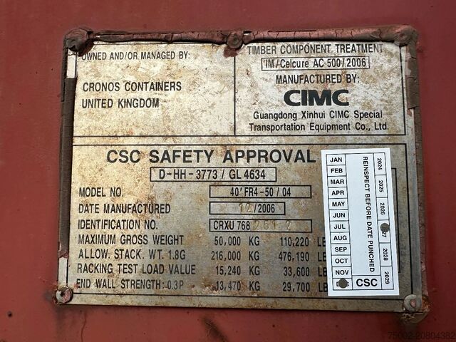 Lapos konténerek CIMC 40FT FLATRACK FLUSH FOLDING / CSC: 10/2027 / 10...