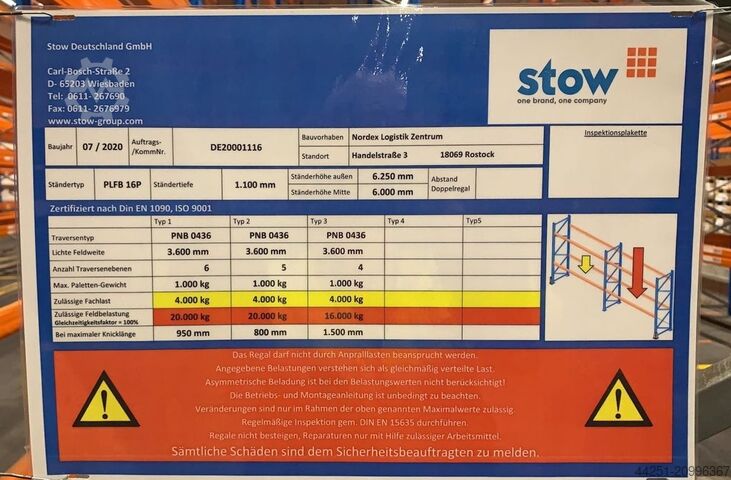 21,6 m Palletstelling 6 m hoog 6 niveaus Stow Pal Rack