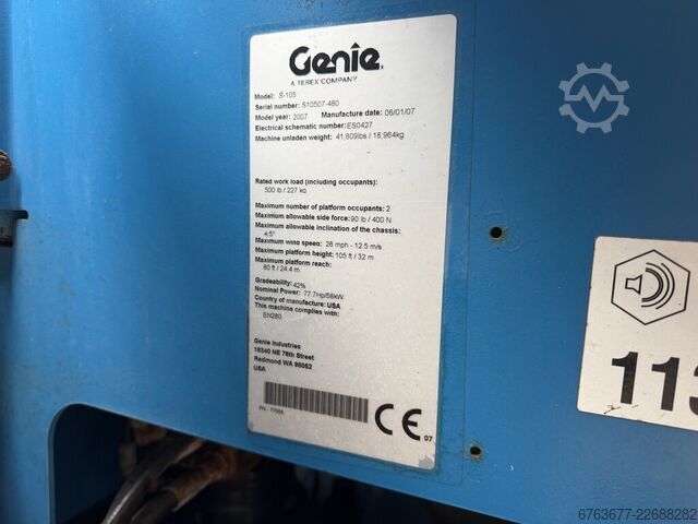 GENIE S-105 nacelle télescopique / plateforme élévatrice à flèche 4x4x4 DEUTZ DIESEL 3800h 34M haute GENIE S-105 Telescoop hoogwerker / boomlift 4x4x4 DEUTZ DIESEL 3800uur 34M Werkhoogte 2007