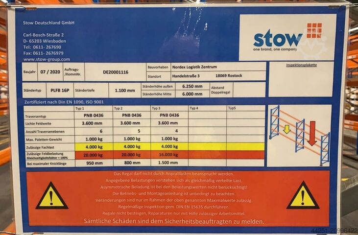 Regał paletowy 21,6 m, wysokość 6 m, 5 poziomów Stow Pal Rack