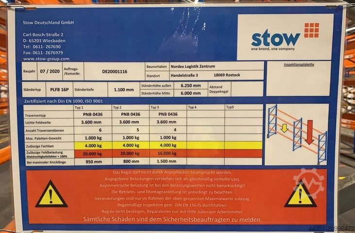 21,6m Palletstelling 6m hoog 4 niveaus Stow Pal Rack