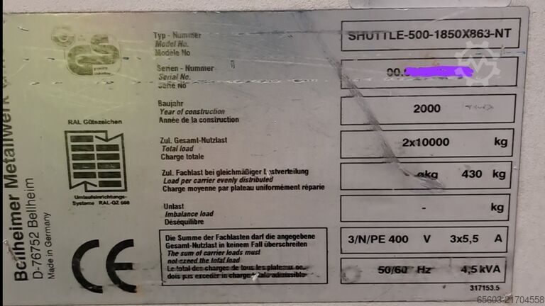 Podnośnik magazynowy Kardex SHUTTLE 500 1850X863 NT