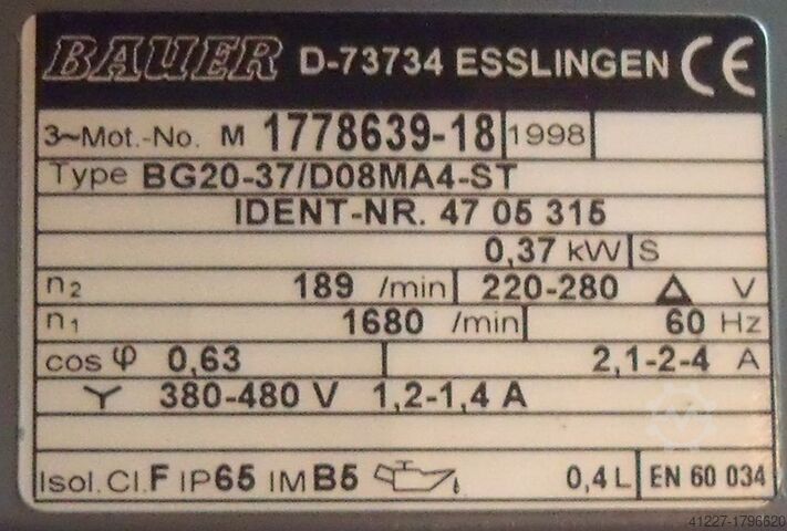 Κινητήρας ταχυτήτων 0,37 kW 157 rpm BAUER BG20-37