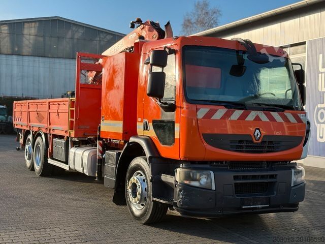 Flatbed truck RENAULT Premium Lander Pritsche mit Kran FASSI