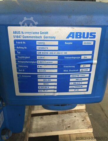 Abus 3,2 tonluk halatlı vinç, 6 m kaldırma yüksekliği Abus gm 832h6