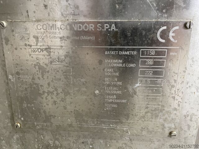 45" Comi Condor HX/GMP Stainless Steel Horizontal Peeler Centrifuge COMI-CONDOR HX/GMP