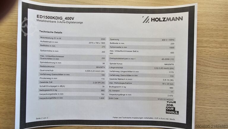 Drejebænk (centerdrejebænk) Holzmann ED1500KDIG_400V
