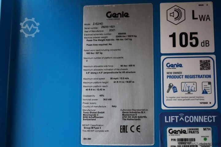 Przegubowa teleskopowa platforma robocza Genie Z62/40 Diesel, 4x4 Drive, 21m Working Height, 12.5