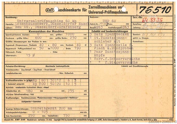 Machine d'essais de traction universelle Losenhausenwerk Düsseldorf-Grafenberg UHP 60