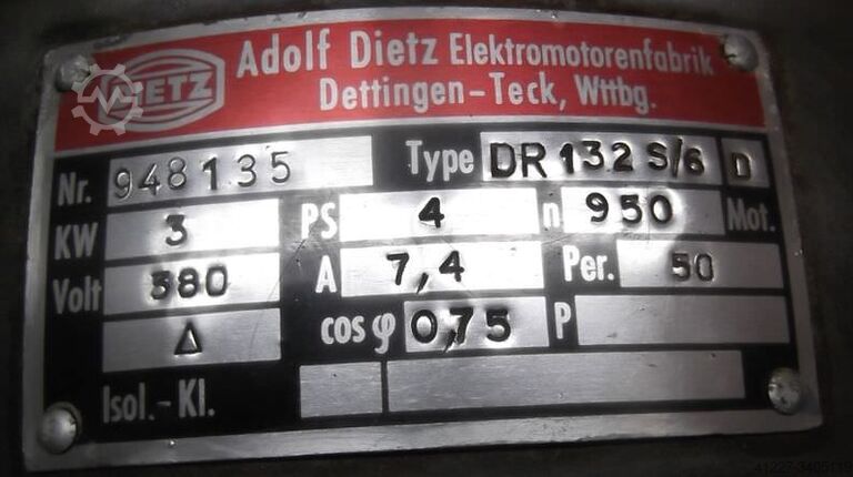 Moteur électrique 3 kW, 950 tr/min DIETZ DR 132 S/6