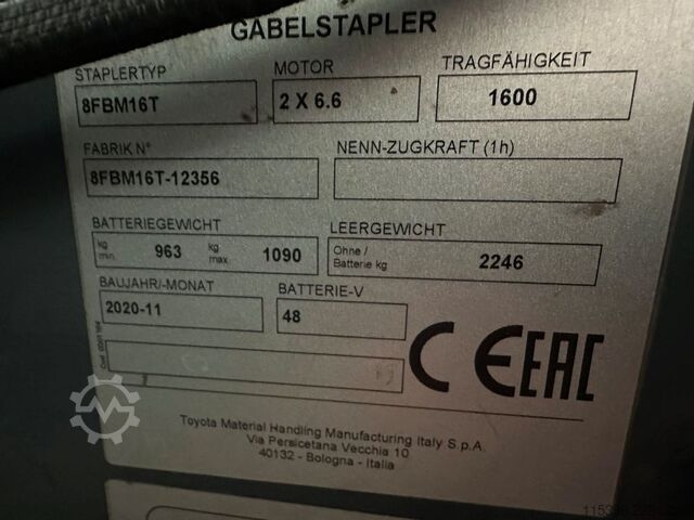 Elektrikli 4 tekerlekli forklift Toyota 8FBM16T - FREIHUB-MAST !!!