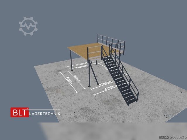 Mezzanine pod 21,25 m² Lagerbühne + Treppe 500 kg/m² Geländer an zwei Seiten, Oberkante 300cm