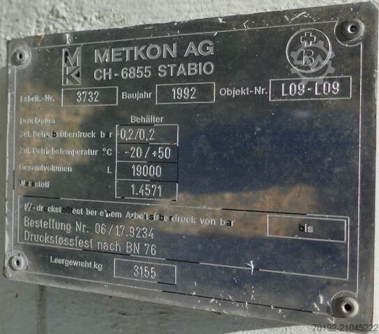19 000 liters lagringstank i V4A med sidomonterad omrörarefläns Metkon AG K0114