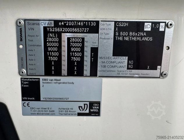 Hűtős teherautó SCANIA S500 6X2 RETARDER 50 CC COMBI 2x TAILLIFT TOP CO
