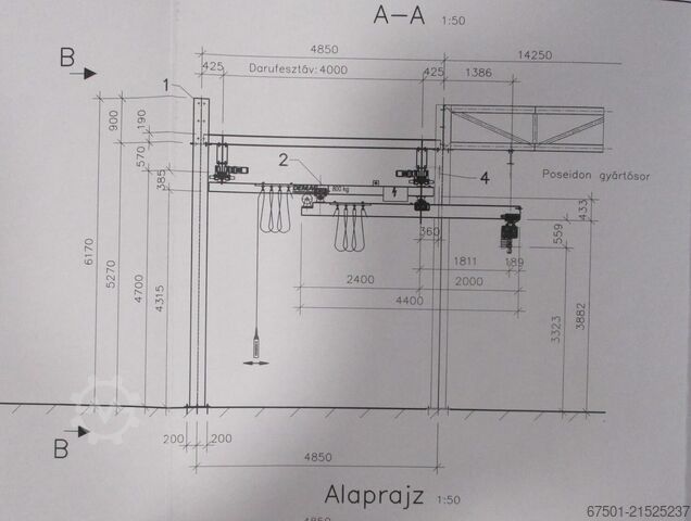 Hallenkraan, kraan, bovenloopkraan DEMAG  800 kg + 630 kg  + Laufschiene (3456)