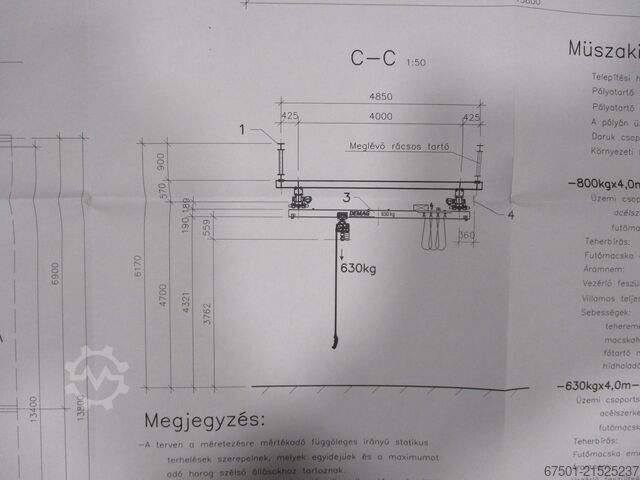 Hallenkraan, kraan, bovenloopkraan DEMAG  800 kg + 630 kg  + Laufschiene (3456)