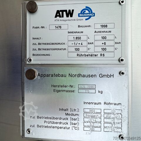 1850 liter verwarm- en koelbare drukvat van V2A met Stelzer kruisbladroerder. Apparatebau Nordhausen B0039