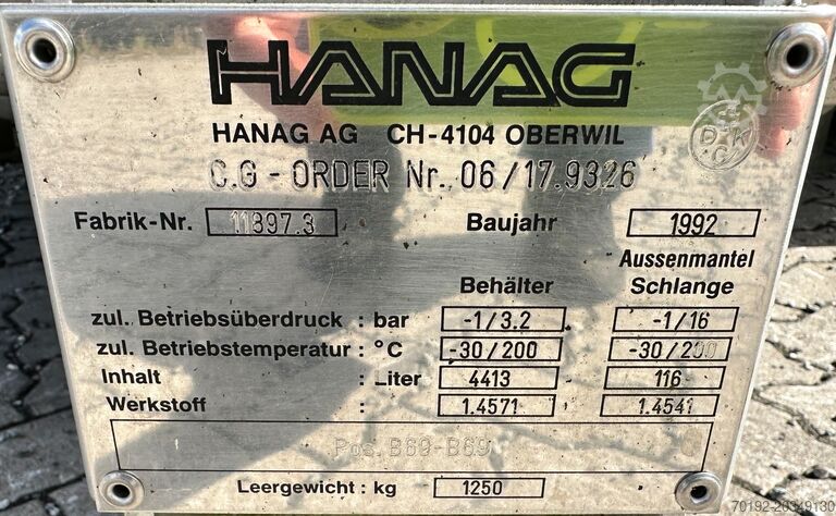 Cuve sous pression et sous vide, chauffante/réfrigérante de 4 413 litres, AISI316 avec agitateur à h HANAG B0037