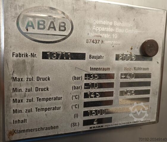 Cuve sous pression de 1500 litres chauffable/refroidissable, Aisi304 avec agitateur à pales. ABAB Allgemeine Behälter- u. Apparate Bau K0164
