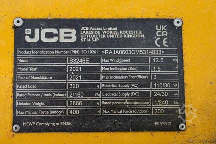 Ollós emelő JCB S3246E Electric, 12m Working Height, 320kg Capacit