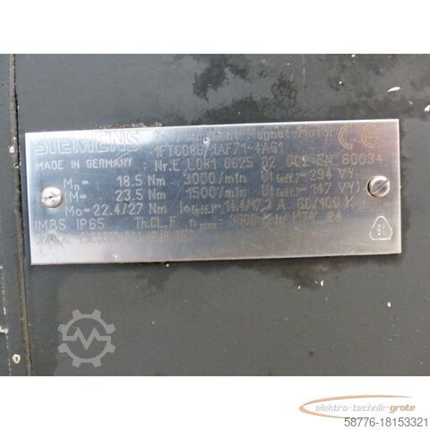 Siemens motor Siemens 1FT6086-1AF71-4AG1 Permanent-Magnet-Motor SN: EL081662502002