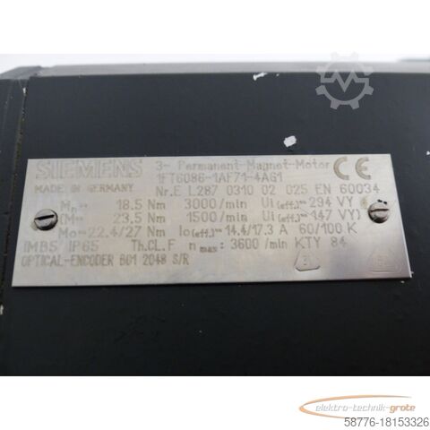 Siemens motor Siemens 1FT6086-1AF71-4AG1 Permanent-Magnet-Motor SN: EL287031002025