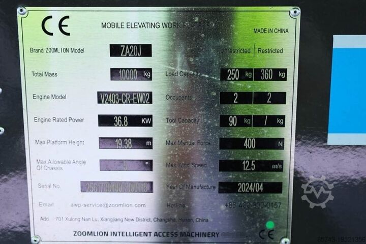 Csuklós teleszkópos munkaállvány Zoomlion ZA20J NEW / UNUSED, Valid Inspection, *Guarantee!