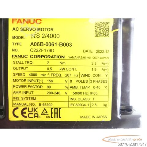 Besturingsunit Fanuc A06B-0061-B003 AC Servomotor SN: C22ZF179D mit Pulsecoder A860-2020-T301