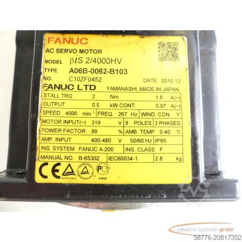Besturingsunit Fanuc A06B-0062-B103 AC Servomotor SN: C10ZF0452 mit Pulsecoder A860-2020-T301