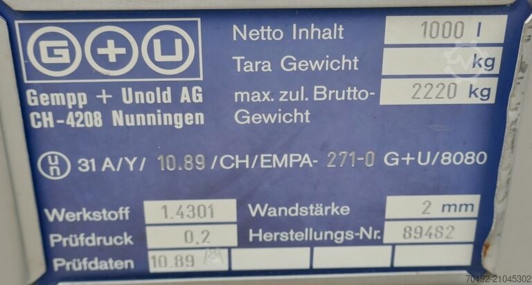 1000 Liter IBC Container aus V2A Gempp & Unold AG 9744