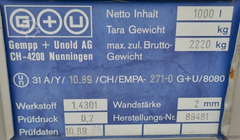 1000 Liter IBC Container aus V2A Gempp & Unold AG 9743