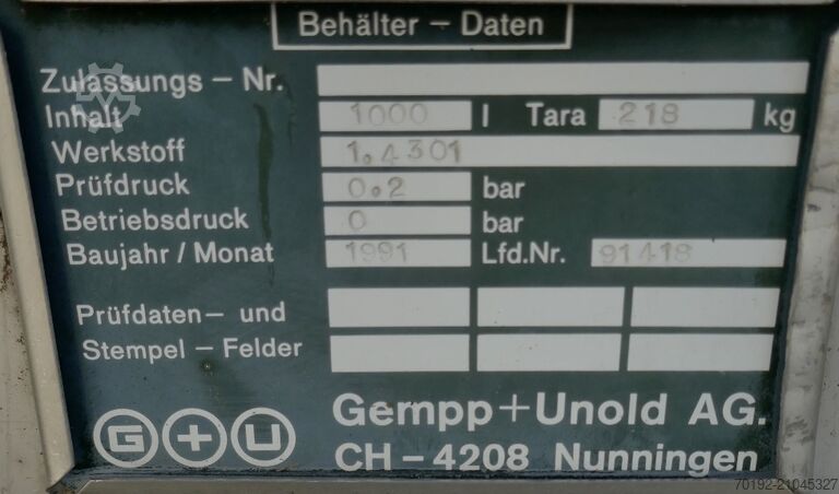 Δοχείο 1000 λίτρων από V2A Gempp & Unold AG 9736