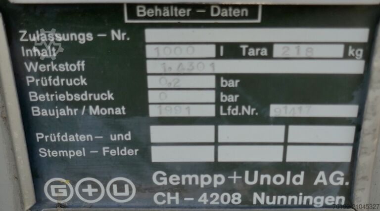 Δοχείο 1000 λίτρων από V2A Gempp & Unold AG 9736