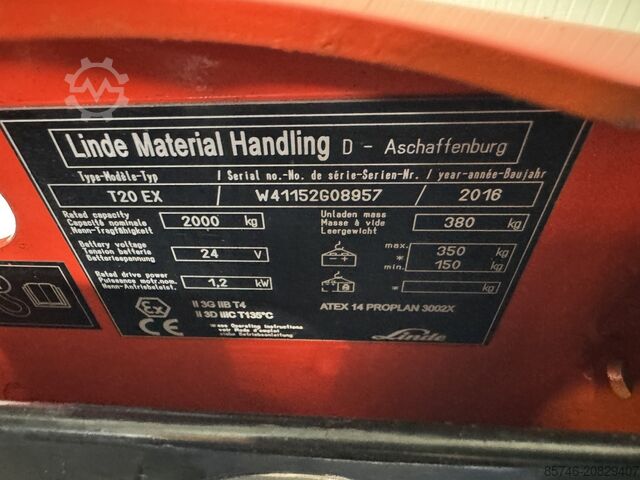 T 20 * DEMO !! Atex Proplan EX 3GD / Zone 2 & 22 !! Tilting Forks !! NEW battery !! LINDE T 20 * DEMO !! Atex Proplan EX 3GD / Zone 2 & 22 !! Tilting Forks !! NEW battery !!