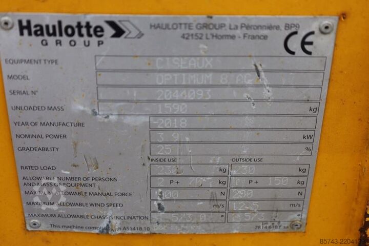 Elevador de tesoura Haulotte Optimum 8 As-Is, Electric, 7.77m Working Height, 2