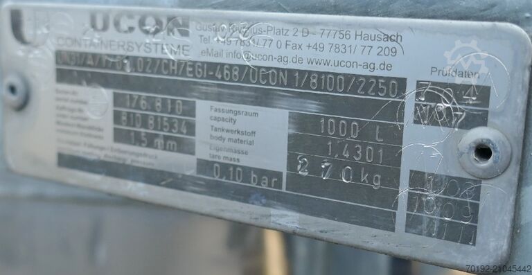 IBC kulatý kontejner 1000 litrů z nerezové oceli V2A UCON K0105