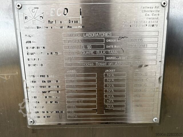 Serbatoio/vasca da 1500 litri in acciaio inox 316 316 Process Stainless Steel Tank 1500 Lt BCD Process Vessal
