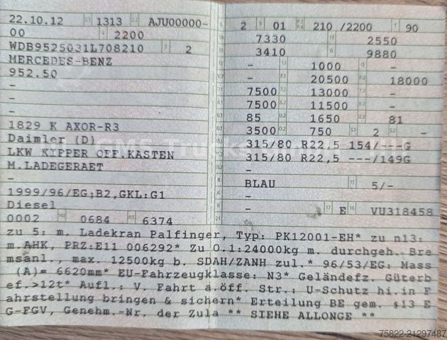 Three-sided tipper truck MERCEDES-BENZ Axor 1829 / 13m Palfinger Kran FUNK / Meiller