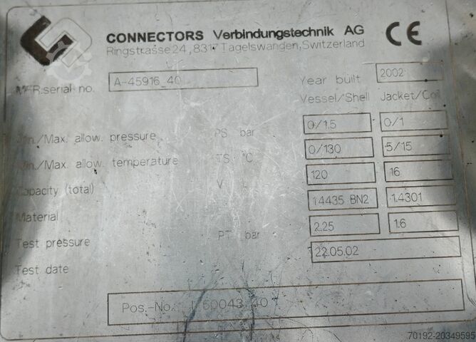 120 liter verwarmbare/koelbare drukvat van V4A roestvrij staal CONNECTORS VERBINDUNGSTECHNIK AG 8639