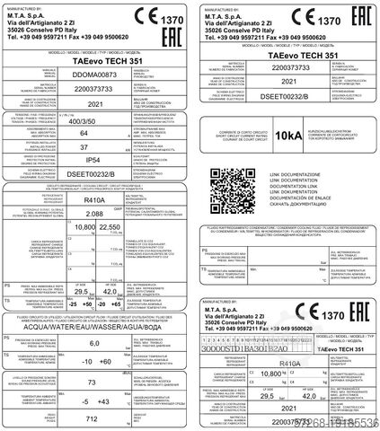 Koeler, waterkoeler, koeler MTA S.p.A., Kühlmaschinen TAEevo Tech 351 P5-offAD-Bypass – 66 kW