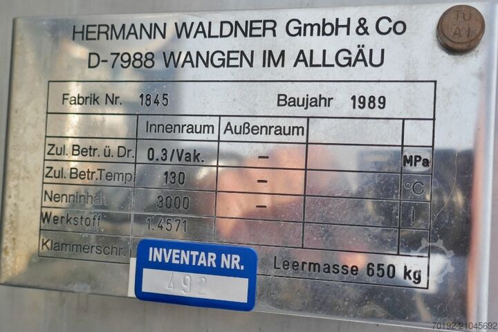3000 liters trykbeholder i V4A rustfrit stål Waldner 9492