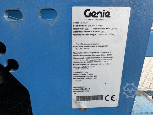 Genie Z45/25J DC Platformă articulată / Platformă de lucru 16M înălțime de lucru Electric 2007 GENIE Z45/25J DC Knikarmhoogwerker / Arbeitsbuhne 16M werkhoogte Elektrisch 2007