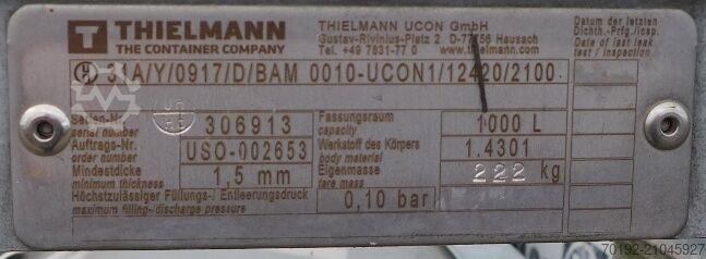 1000 liter IBC container gemaakt van V2A Thielmann (UCON) 9351