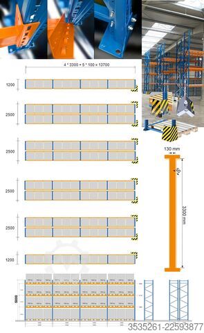 Rayonnage à palettes 10 x 13,7 m, 5 m hoch, 10 Schutzecken 50 Rahmen, 240 Traversen (3300) 3,25 t