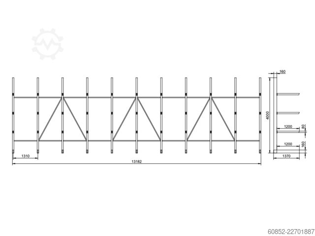 Langgodsreol (konsolreol) ca. 13,2 lfm. Kragarmregal | Höhe 4,0 m 120 cm Arme | 500 kg pro Arm Langgutrega