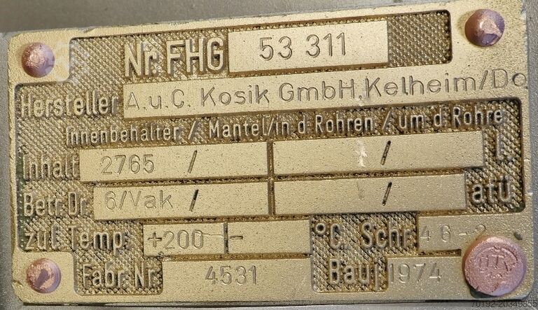 2765 liter verwarmbare/koelbare drukvat van V4A A.C. KOSIK 8109