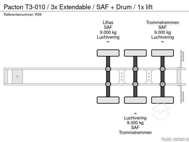 Trasporto di container Pacton T3-010 / 3x Extendable / SAF + Drum / 1x lift