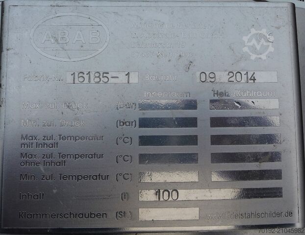 100 liter tank van V2A ABAB Allgemeine Behälter- u. Apparate Bau 9326