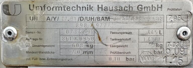 445 liter IBC container gemaakt van V2A Umformtechnik Hausach (UCON) 9332
